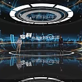 Futuristic Technology Exhibition Hall With Interactive Displays Circular LED Lights And Urban Backdrop 3d model
