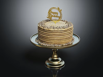 Birthday Cake With Gold Happy Birthday Topper Layered Cream Stripes On Cake Stand 3d model