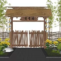 Traditional Bamboo Gate with Thatched Roof Hanging Lanterns Stone Path and Flowers Plants