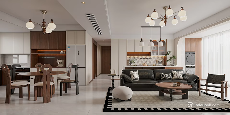 Modern Dining and Living Room Interior With Chandeliers Sofa Dining Table And Coffee Table 3d model 