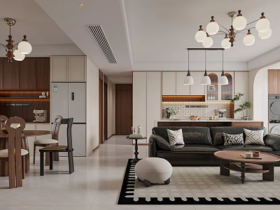 Modern Dining and Living Room Interior With Chandeliers Sofa Dining Table And Coffee Table 3d model