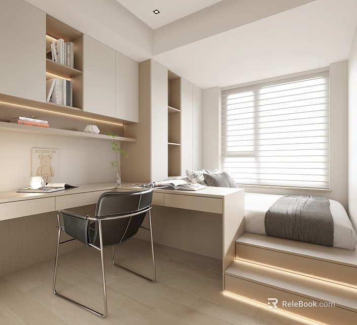 Minimalist Tatami Bedroom with Desk Chair Window Blinds Bookshelf and Cabinets 3d model 