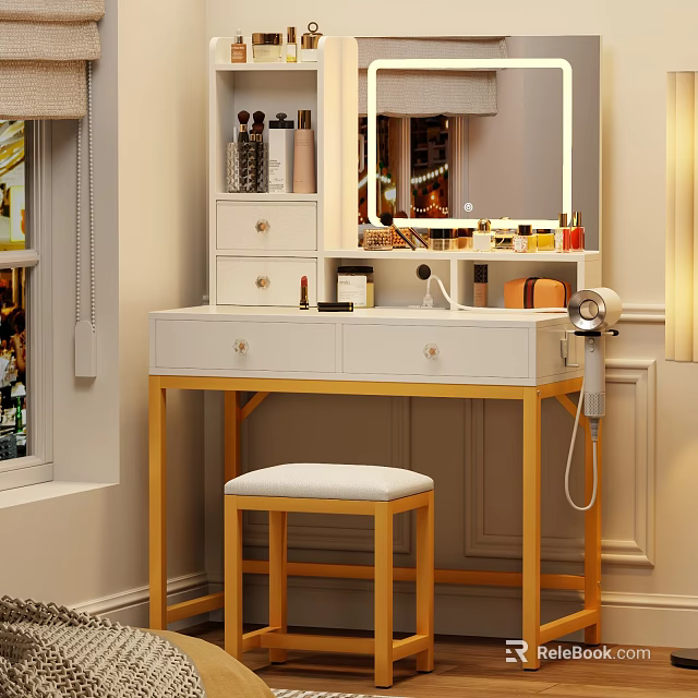 White Dressing Table With Golden Legs Mirror And Stool For Cosmetics Storage 3d model 
