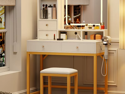 White Dressing Table With Golden Legs Mirror And Stool For Cosmetics Storage 3d model