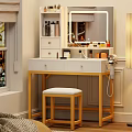 White Dressing Table With Golden Legs Mirror And Stool For Cosmetics Storage