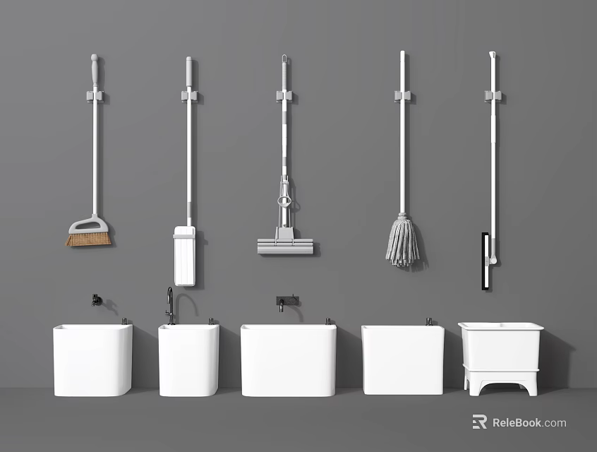 Wall Mounted Cleaning Tools Display Featuring Brooms Mops And Buckets Setup 3d model