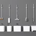 Wall Mounted Cleaning Tools Display Featuring Brooms Mops And Buckets Setup 3d model