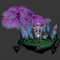 Cartoon Scene With Pink Purple Feathery Tree Green Grass And Blue Decorations On Red Supports