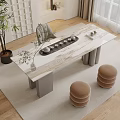 Modern Marble Tea Table Interior With Round Stools Bamboo Plant And Tea Set 3d model