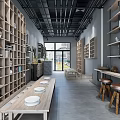 Modern Public Office Area With Wooden Bookshelves Long Table And Large Windows