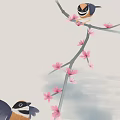 Two Small Birds Flying and Perched on Blossoming Branch with Pink Flowers