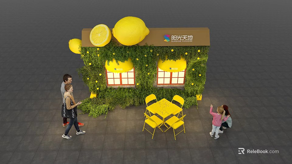 Vibrant Tobacco and Alcohol Store with Lemon Decorations Green Plant Wall Yellow Tables and Chairs 3d model 