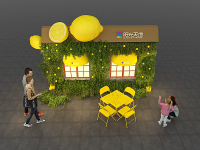 Vibrant Tobacco and Alcohol Store with Lemon Decorations Green Plant Wall Yellow Tables and Chairs 3d model