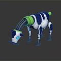 Mechanical Cow Robot Design With Blue White Body Green Parts And Reflective Surface
