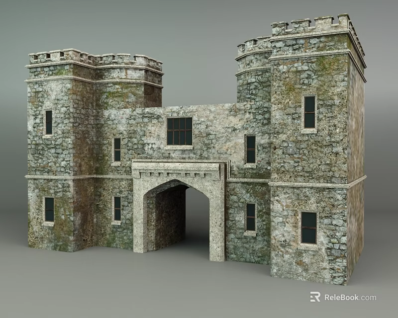 Ancient Historic Building Exterior With Stone Walls Twin Towers Arched Entrance And Small Windows 3d model 