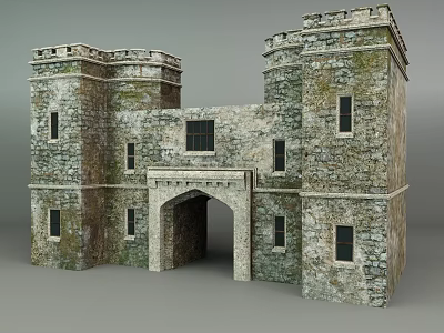 Ancient Historic Building Exterior With Stone Walls Twin Towers Arched Entrance And Small Windows 3d model
