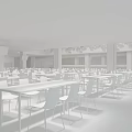 Spacious Dining Hall Interior With White Tables Brown White Chairs And Grid Ceiling Lights 3d model