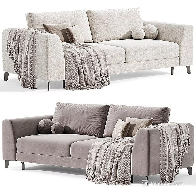 Light Gray Sectional Sofa With Decorative Pillows And Fringe Knit Throw 3d model 