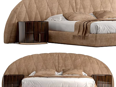 Brown Curved Upholstered Double Bed With Wooden Nightstand And White Bedding 3d model