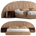 Brown Curved Upholstered Double Bed With Wooden Nightstand And White Bedding