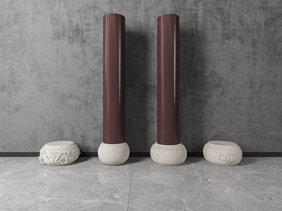 Two Brown Cylindrical Columns With White Bases And Ornate Stones 3d model