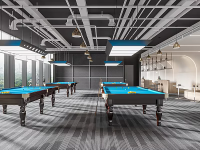 Modern Billiard Room Interior With Multiple Pool Tables Ceiling Lighting And Spacious Layout 3d model