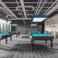 Modern Billiard Room Interior With Multiple Pool Tables Ceiling Lighting And Spacious Layout 3d model