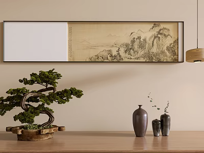 Traditional Chinese Landscape Scroll Painting In Interior With Bonsai And Vases 3d model