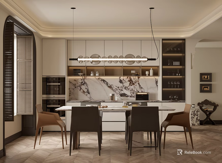 Elegant Modern Restaurant Interior With Marble Counter Dining Table Chairs And Pendant Lights 3d model 