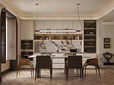 Elegant Modern Restaurant Interior With Marble Counter Dining Table Chairs And Pendant Lights 3d model