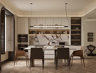 Dining Room Long Dining Table Single Chair Cabinet Chandelier 3d model