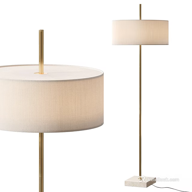 Modern Floor Lamp With Beige Fabric Shade And Golden Metal Pole 3d model 