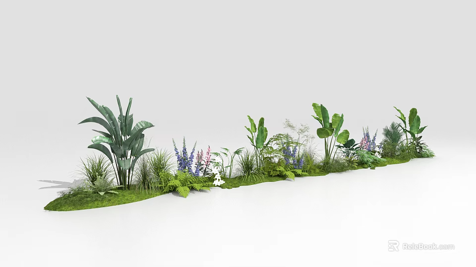 Natural Floral Arrangement Featuring Various Green Plants Large Leaves And Purple Blooms 3d model 