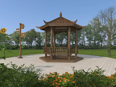 Traditional Wooden Pavilion in Garden with Grassland Trees Sunflowers and Signpost 3d model
