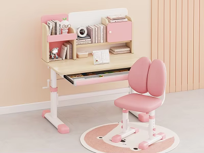 Pink Kids Desk With Bookshelf Storage Chair And Round Rug 3d model