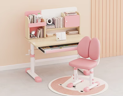 Pink Kids Desk With Bookshelf Storage Chair And Round Rug 3d model