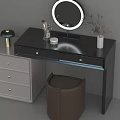 Modern Dressing Table with Round Mirror Drawer Cabinet and Brown Stool 3d model
