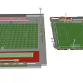 Football Field With Green Lawn Red Running Track Spectator Stands And Floodlights
