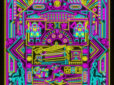 Neon Style Decorative Lights with Intricate Geometric Patterns Robot Figures and Traditional Chinese Characters 3d model