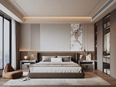 Elegant Modern Bedroom Interior Design With Cozy Bed Nightstand And Decorative Painting 3d model