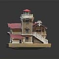 Detailed Architectural Model House With Red Roof Tower Stone Exterior Staircase And Balcony