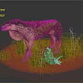 Large Dinosaur Like Reptile Standing On Red Ground With Green Grass And Small Creature