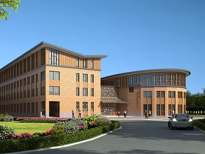 Modern Red Brick Office Building Exterior With Circular Structure Lawn Greenery And Car 3d model