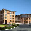 Modern Red Brick Office Building Exterior With Circular Structure Lawn Greenery And Car