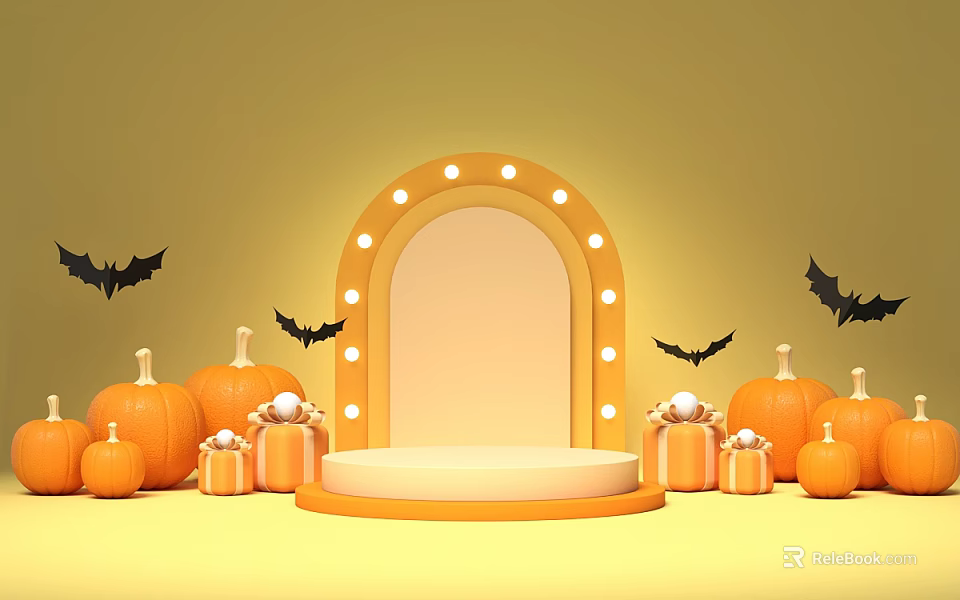 Yellow Background Arched Display Stand With Lights Pumpkins Bat Decorations And Gift Boxes 3d model 