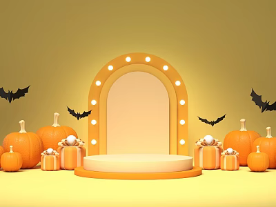 Yellow Background Arched Display Stand With Lights Pumpkins Bat Decorations And Gift Boxes 3d model