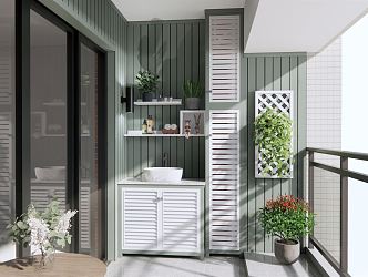 Modern Balcony Home Balcony Landscape Balcony Plant Potted Washer Cabinet Outdoor Leisure Table and Chair 3d model