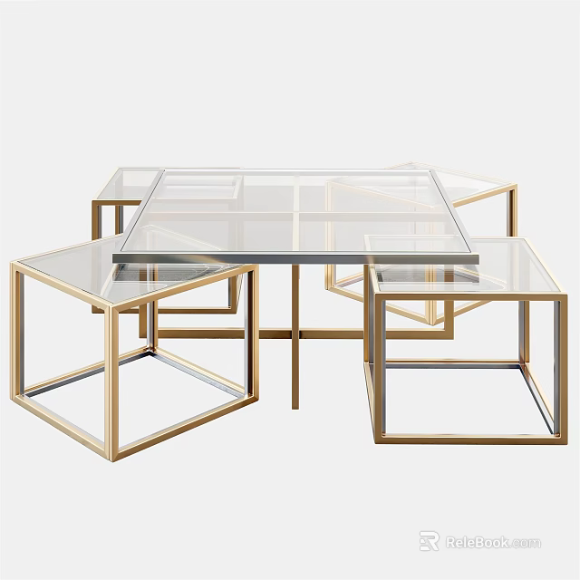 Modern Nested Coffee Table with Clear Glass Top and Golden Metal Frame 3d model