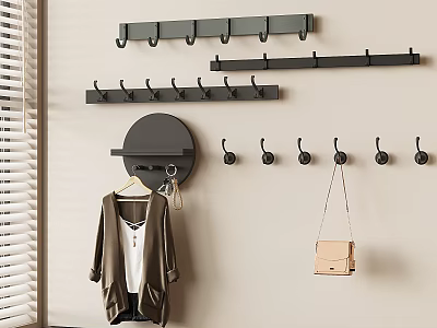 Stylish Black Wall Hooks With Hanging Coat Bag And Round Holder 3d model