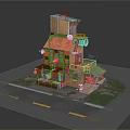 Cartoon Scene of a Multi Story Building with Red Roof Windows Balcony Street and Grass
